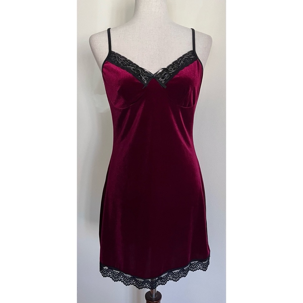 Velvet Slip Dress Burgundy Black Lace Sexy Retro Grunge Spaghetti Strap Size Med